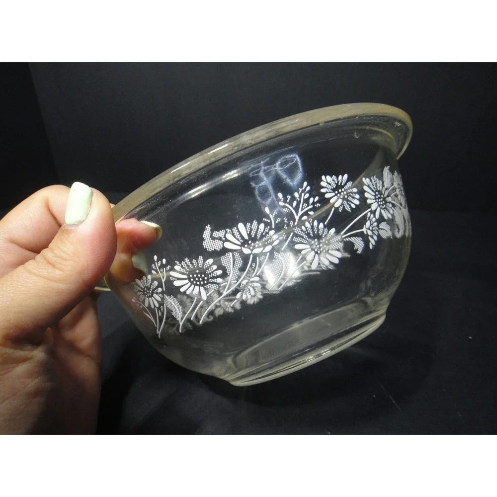 Vintage Pyrex #322 Clear Glass Mixing Bowl Colonial Mist White Daisy Floral 1L